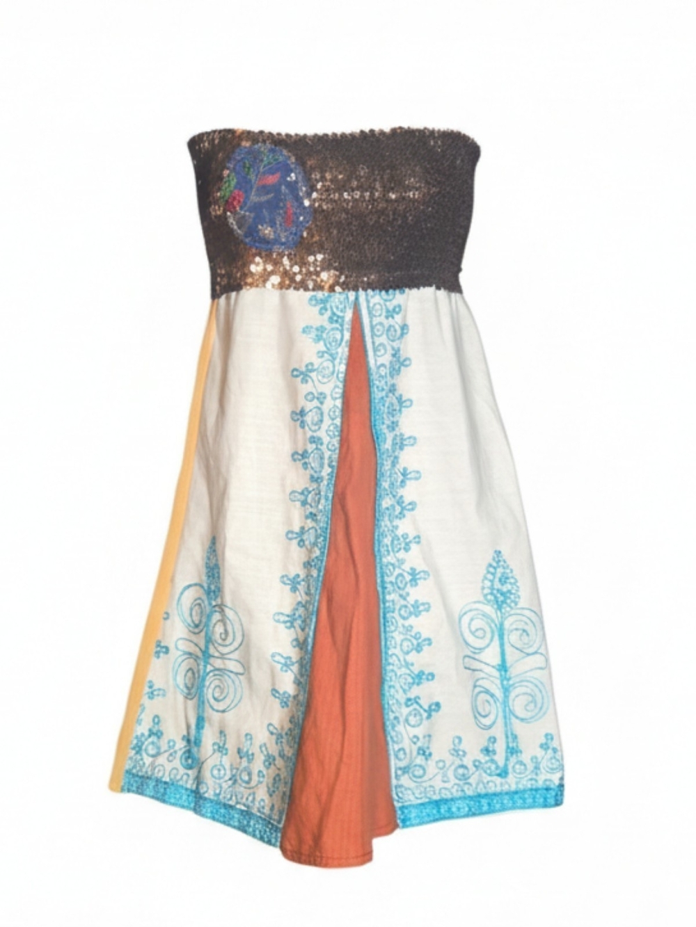 Fresh Karma Strapless Boho Top  White Turquoise Rust & Yellow with Sequin Bodice